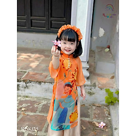 Áo dài cách tân bé gái, Set áo dài tết cho bé 1-9 tuổi hình hoa cúc vải tơ hàng thiết kế điệu đà thời trang