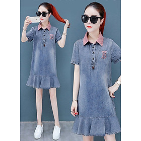 Đầm Jean Nữ Đuôi Cá Cổ Hồng Thêu Chữ Thời Trang