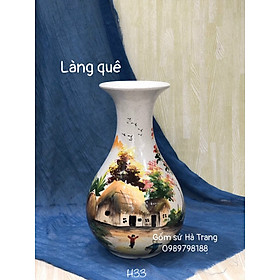 Lọ hoa dáng tỳ bà cao 33cm gốm sứ Bát Tràng cao cấp men tiêu vẽ hoạ tiết làng quê