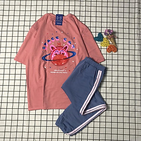 Set Đồ Bộ Quần Dài 3 Sọc + Áo Space Cat -Lapi VN Áo+ Quần Đùi Vải Thun Cotton Thoáng Mát, Freesize. Tay Lỡ