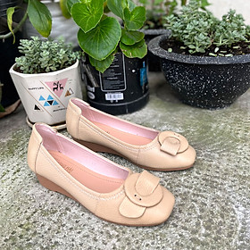 Giày nữ Đế Xuồng 4cm Da Bò mũi vuông Trường Hải 2 màu kem DX125Đ