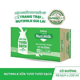 Thùng NutiMilk sữa tươi tươi sạch có đường bịch 220ml - (48 bịch x 220ml)