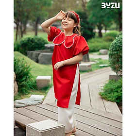 Áo dài bé gái BYZU thiết kế cách tân với nơ to đính ở ngực, chất vải tafta lụa cao cấp màu đỏ (Anh Đào)