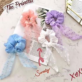 Cột tóc scrunchies nơ voan bi, dây buộc tóc scrunchies