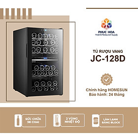 Mua Tủ ướp  bảo quản rượu vang thương hiệu Homesun  Model: JC-128D  Dung tích: Ngăn trên: 21 bottles Ngăn dưới: 20 bottles    Công suất 85W  Kích thước (WxDxH): 495 x 565 x 848 (mm)  Trọng lượng: 34kg/  37kg  Hàng chính hãng