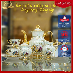 Bộ ấm chén uống trà  sứ Tiệp cao cấp mạ vàng cao cấp phong cách TÂN CỔ ĐIỂN Sang trọng, Gốm Sứ Tiệp Khắc, Ấm chén cao cấp mạ vàng 24K ACTN1