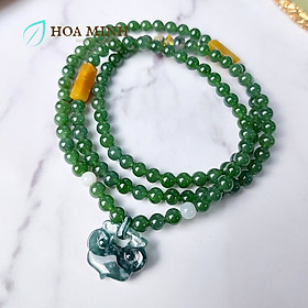 Vòng chuỗi 108 hạt Ngọc Bích Nephrite size 5 li phối Charm Khoá Trường Mệnh Lam Ngọc phong thủy bình an, tài lộc - 15-17.5cm