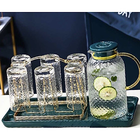 BỘ BÌNH ĐỰNG NƯỚC KALANDI KÈM 6 LY THỦY TINH DÁNG CAO , GIÁ TREO CỐC VÀ KHAY SỨ XANH CỔ VỊT - ANTH253