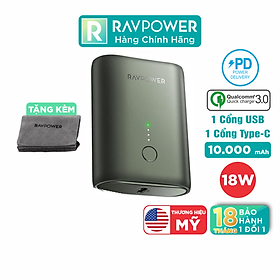 Pin Sạc Dự Phòng RAVPower 10000mAh Tích Hợp USB Type-C In/Out Hỗ Trợ Sạc Nhanh PD Power Delivery 18W và Quick Charge QC 3.0 RP-PB194 - Hàng Chính Hãng