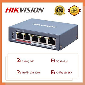 Mua Switch Mạng Thông Minh 4 Cổng PoE HIKVISION.chuẩn IEEE 802.3af/at Chống sét 6KV Vỏ kim loại khoảng cách Tối đa 300m - Hàng Chính Hãng