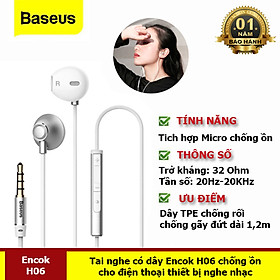 Tai Nghe Có Dây Mic Bass Âm Thanh Jack 3.5Mm Cho Iphone(Baseus Encok H06) Samsung Xiaomi - Hàng Chính Hãng Baseus