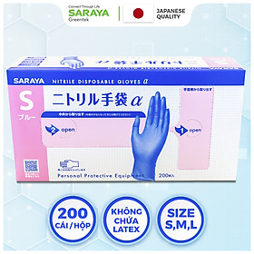 Găng tay cao su Saraya Nitrile Alpha, Không Bột, Màu Xanh Tím, dùng trong thực phẩm, vệ sinh y tế - 200 Chiếc/Hộp - Size S (80mm)