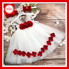 Đầm công chúa cho bé ️FREESHIP️ Đầm công chúa cho bé gái  trắng đính hoa hồng đỏ tú cầu