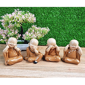 Bộ 04 tượng Tứ Không mẫu áo nâu size 10cm - tặng kèm 10 xu vàng mini may mắn