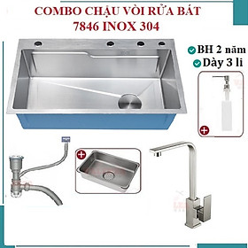 Mua Combo chậu rửa chén bát 1 hố lớn Valenza 7846 inox sus304 chuẩn 100% kèm vòi rửa bát dáng Vuông Valenza sus304  bộ xả to ngăn mùi  khay inox kín-TẶNG BÌNH NƯỚC RỬA CHÉN