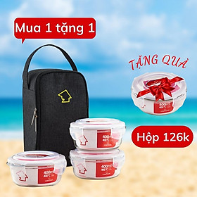 Bộ 3 hộp tròn 400ml và 1 túi giữ nhiệt KÈM HÀNG TẶNG 1 HỘP THỦY TINH- CCR43BL