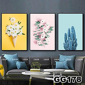 Tranh treo tường canvas 3 bức phong cách hiện đại Bắc Âu 62, tranh hoa trang trí phòng khách, phòng ngủ, phòng ăn spa