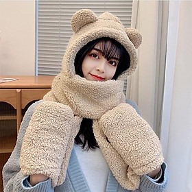 Mũ lông tai gấu kèm khăn quàng cổ và găng tay siêu ấm áp ulzzang Hàn Quốc -Phụ kiện