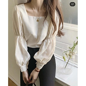 Áo kiểu cổ vuông tay dài hàng thiết kế vải thoáng mát