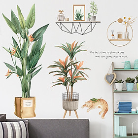 Decal dán tường trang trí phòng khách, quán cafe- Mèo bên cây- mã sp LV74
