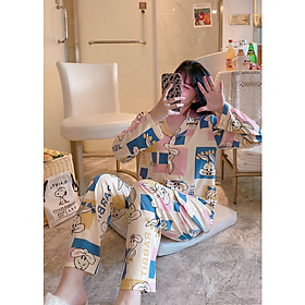 Đồ mặc nhà đồ ngủ cao cấp pijama cho nữ cottong lông thỏ màu hồng có cổ quần dài áo dài thu đông họa tiết đáng yêu hàn quốc 2020