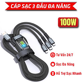 Mua Dây cáp sạc nhanh 3 đầu ip typeC micro dây dù sạc 3 thiết bị cùng lúc Dây Sạc Tự Ngắt 100W Tích Hợp Usb 3 In 1 - Hàng Nhập Khẩu
