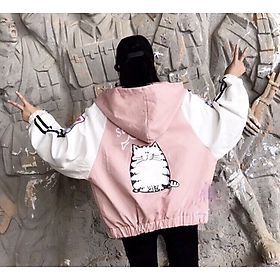 Áo khoác dù nữ phối 2 màu in MÈO