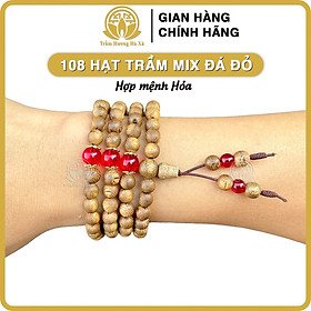 Vòng tay chuỗi tràng 108 hạt phong thủy trầm hương HÀ XÁ đeo tay cặp đôi nam nữ mix đá màu bế đồng mệnh kim mộc thủy hỏa thổ - 108 hạt mix đá ĐỎ + BẾ ĐỒNG - Mệnh Hỏa - hạt 7li= tay 16-17cm