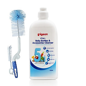 COMBO Nước rửa bình sữa, rau củ quả 5in1 + Cây súc rửa bình sữa Pigeon ( Tặng 01 ống bón 3ml )