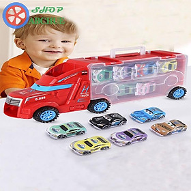 Đồ chơi Xe mô hình container vận chuyển màu đỏ kèm 6 xe con bằng nhựa