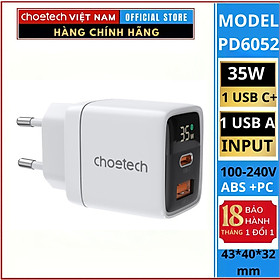 Củ sạc nhanh 35W 2 cổng Usb A+ Type C Choetech PD6052 có màn hình LED hiển thị thông số sạc (Hàng chính hãng)