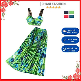 Set đầm hoa áo 2 dây croptop chân váy xòe dập ly sang chảnh - S22298 - Hàng Quảng Châu cao cấp