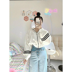 Áo Khoác Hoodie Nữ Kiểu Croptop Phối Viền Sọc Tay Có Nón Vải Thun Nỉ Ngoại Mềm Mịn( Nhiều Màu)