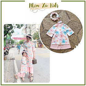 Áo Dài Cách Tân Hoa Xanh Kèm Mấn Chất Lụa Mango Cho Mẹ Và Bé Gái 4 Đến 72kg [AD116