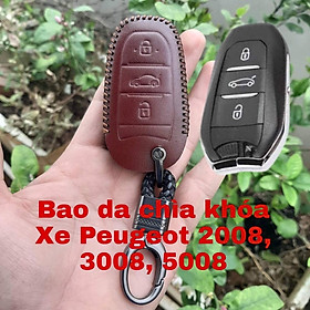 Bao Da Chìa Khoá Peugeot 2008,3008,5008. Da Bò Nhập Khẩu ITALIA, Khắc Tên, Số ĐT Chủ Xe - mầu nâu cafe