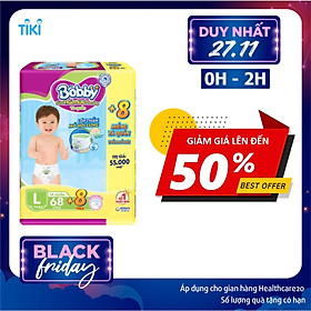 Tã quần Bobby - Đệm Lưng Thấm Mồ Hôi L68 (68 miếng) - Tặng 8 miếng trong gói