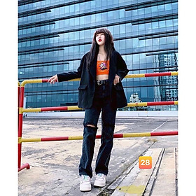 QUẦN JEAN DÀI ỐNG RỘNG LƯNG CAO RÁCH - QUẦN BÒ NỮ CULOTTES SUÔNG N - T 38