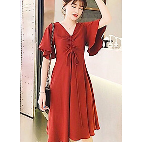 Đầm maxi cam rút ngực tay loe XDS227