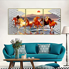 Bộ tranh phòng khách 3 tấm - mã đáo thành công - Tranh in cán pvc gương / lụa kim sa: 1361L10
