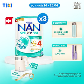 Bộ 3 lon Sữa bột Nestlé NAN OPTIPRO PLUS 4 800g/lon với 5HMO giúp tiêu hóa tốt + Tăng cường đề kháng (Bé 2-6 tuổi) - Tặng Ấm đun siêu tốc Kalpen