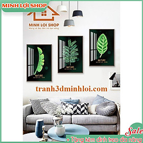 Tranh bộ 3 tấm tráng gương pha lê lá xanh nền đen hiên đại sang trọng - TẶNG KÈM ĐINH TREO