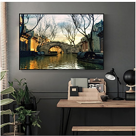 Mua Tranh lụa Màu nước Phong cảnh Hà Nội xưa cao cấp Trang trí Phòng khách. (Bộ 1 bức)  Khung hợp nhôm chống ẩm  bền  đẹp  nhiều kích thước. Phù hợp nhiều không gian sang trọng