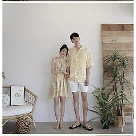 Áo Váy sơ mi cặp đi biển đẹp Váy đôi sơ mi hàn quốc hoa lá màu vàng AV38