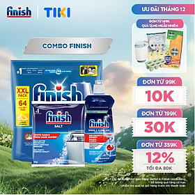 Combo Finish: Viên Rửa Chén Bát Finish Powerball Quantum 64 viên + Nước Làm Bóng Finish 500ml + Muối Rửa Chén Finish Salt túi 1kg