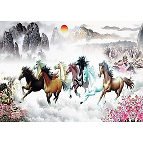 Tranh dán tường 3D Mã đáo thành công - tranh tám con ngựa - tranh ngựa - vải lụa kim tuyến