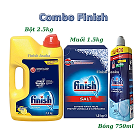Combo rửa bát Finish: Bột Classic 2,5kg, Muối hộp 1,5kg, Nước làm bóng chai 750ml - Chính hãng.