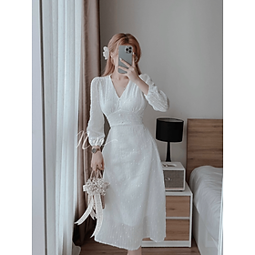  Đầm trắng nữ tay dài nút ngọc vải kim tuyến