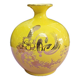 Mua Bình hút tài lộc chữ thư pháp  PHÚC  và  LỘC  vẽ vàng 18k (cao H18cm) gốm sứ Bát Tràng tặng kèm đế gỗ tiện liền khối