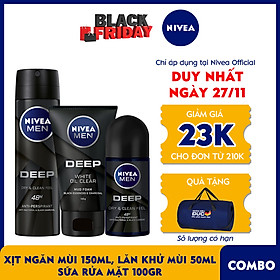 Bộ 3 sản phẩm Xịt và Lăn Ngăn Mùi NIVEA MEN DEEP Than Đen Hoạt Tính (Xịt 150ml - 80027 & Lăn 50ml - 80031) & Sữa Rửa Mặt NIVEA MEN DEEP Than Đen Hoạt Tính Hút Nhờn Sáng Da (100G) - 84415