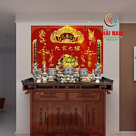 Mua Tranh dán tường 3D HẢI NAM trang trí phòng thờ Cửu huyền thất tổ - Chất liệu vải lụa kim tuyến